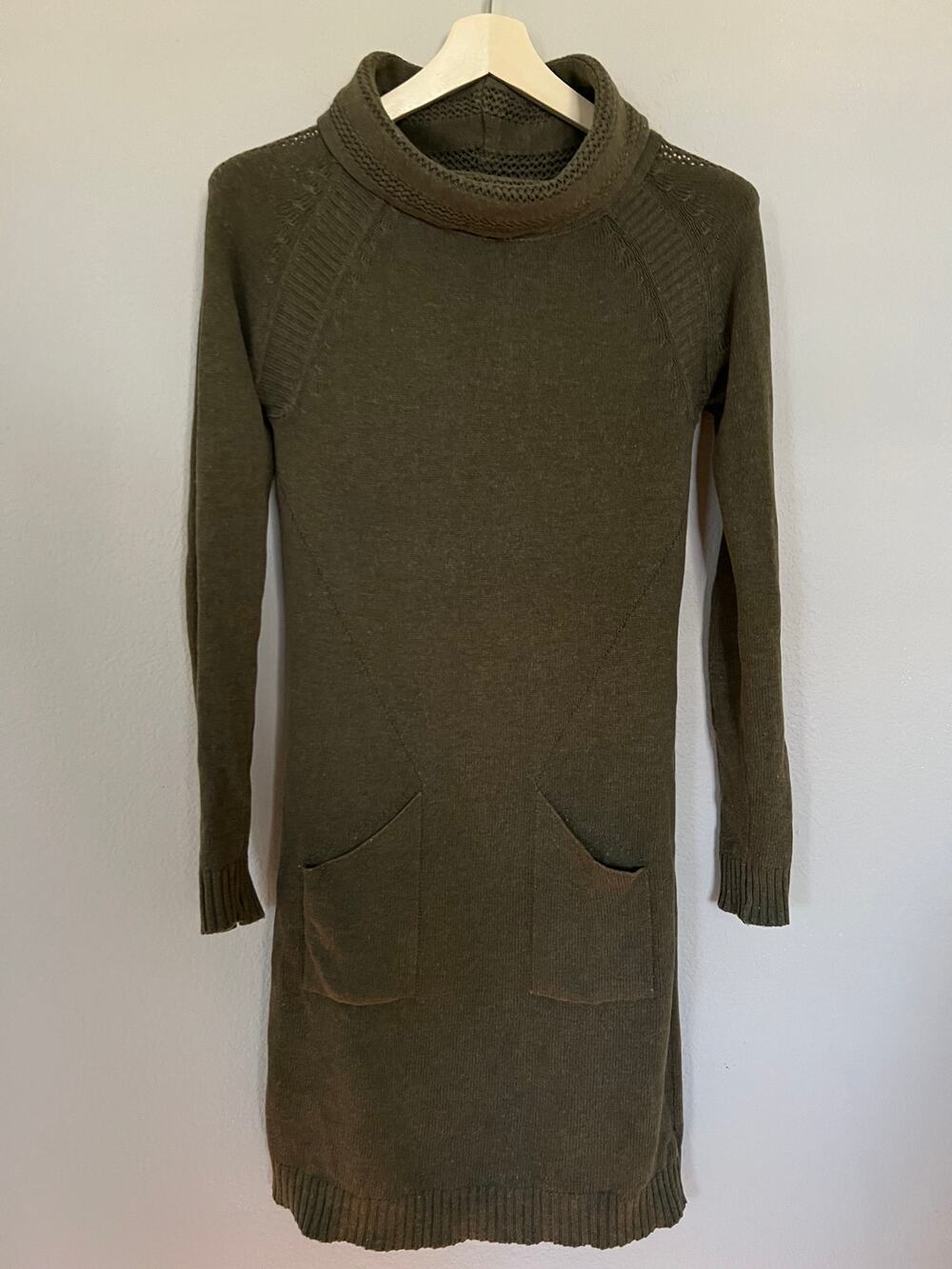 PrAna Sweater Dress Women XS Green Turtleneck Knit Tunic Wool Blend Pockets